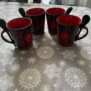 Set of 4 Stylish Black and Red Ceramic Mugs with spoon for‎ Dining